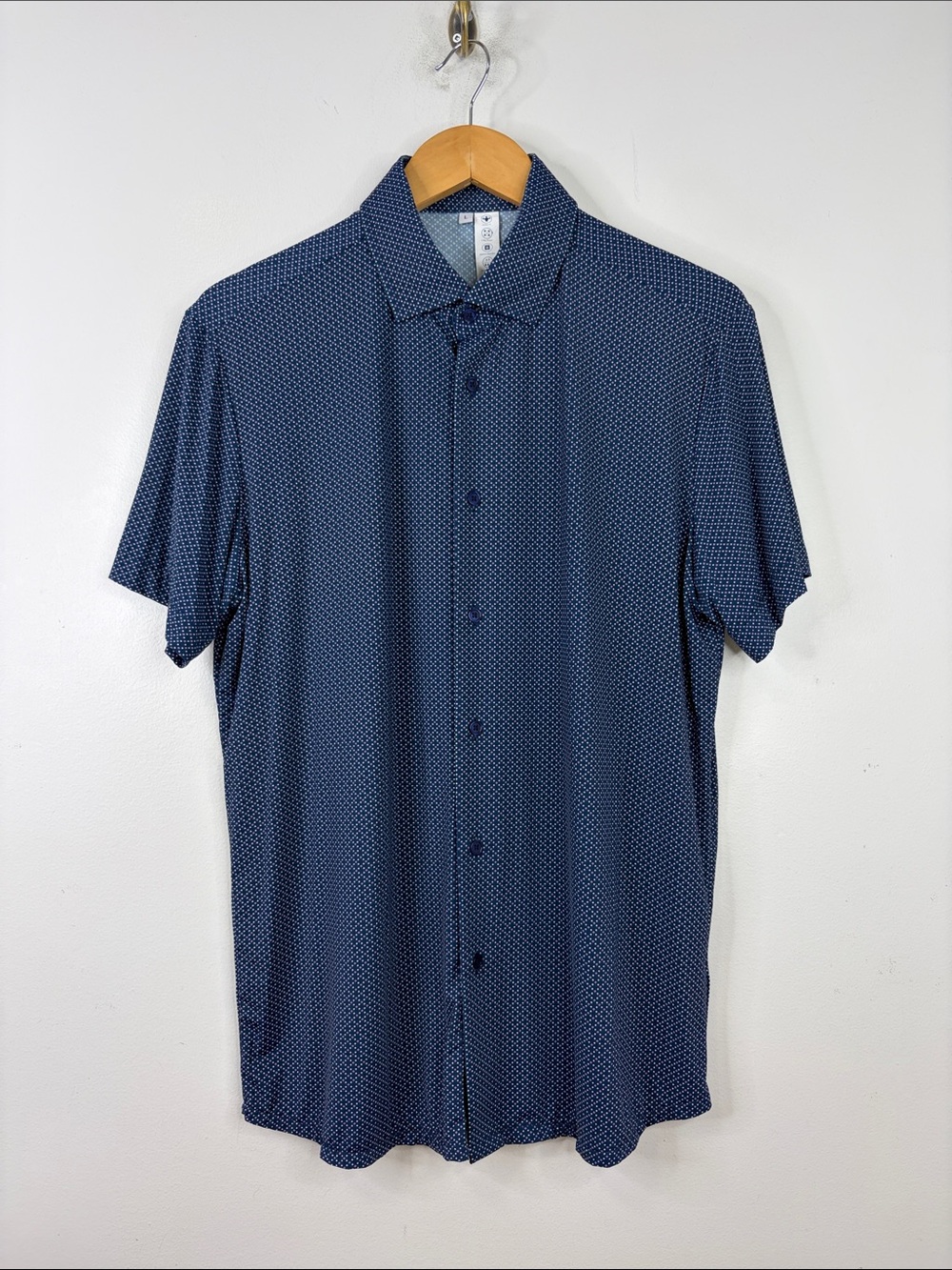 State & Liberty Shirt Mens Large Navy Blue Dot Short Sleeve Button Up Collar